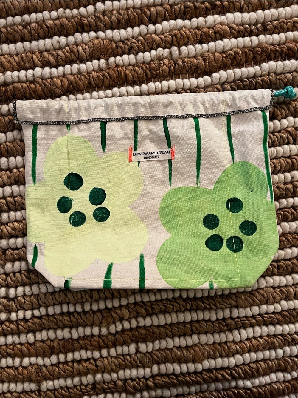 Green Floral Canvas Hand painted Handmade Drawstring Pouch